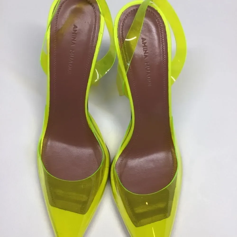 Amina Muaddi Holli‎ Slingback Heels Yellow PVC Pointed Toe Women’s EU 38